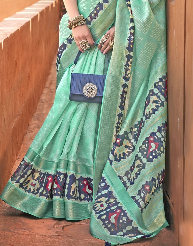 Exclusive Sea Green Geometric Print Cotton Silk Saree