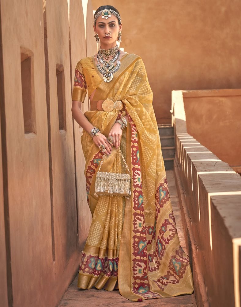 Collection of Ivory Mustard Geometric Cotton Silk Saree in a gallery layout