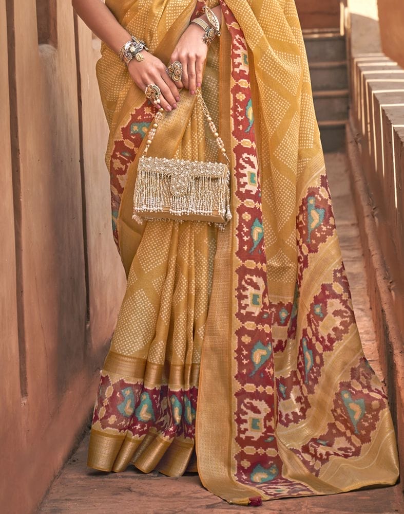 Collection of Ivory Mustard Geometric Cotton Silk Saree in a gallery layout