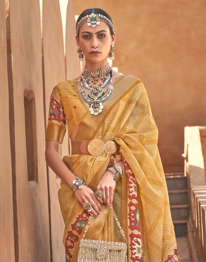 Collection of Ivory Mustard Geometric Cotton Silk Saree in a gallery layout