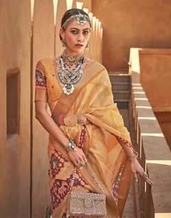 Collection of Ivory Mustard Geometric Cotton Silk Saree in a gallery layout