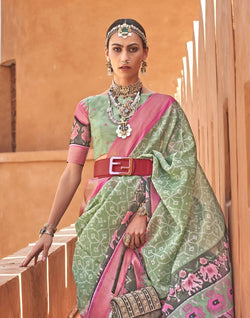 Collection of Light Green Colour Geometric Print Cotton Silk Fancy Saree in a gallery layout