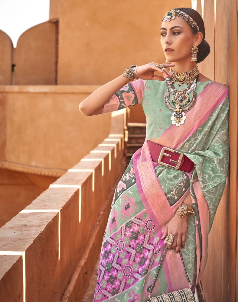 Collection of Light Green Colour Geometric Print Cotton Silk Fancy Saree in a gallery layout