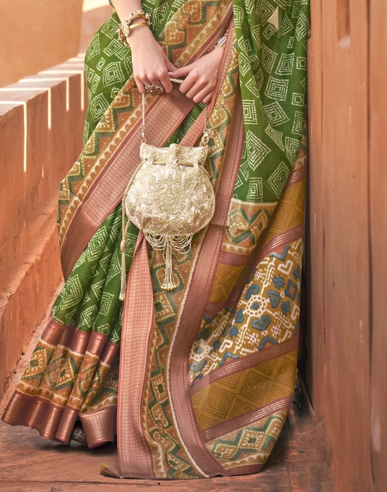 Mehendi Green Geometric Print Cotton Silk Saree