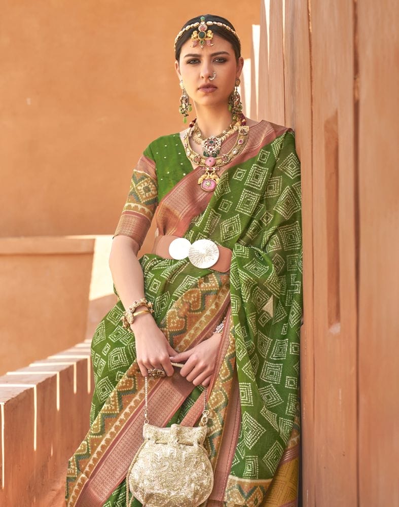 Mehendi Green Geometric Print Cotton Silk Saree