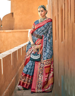 Collection of Grey Geometric Cotton Silk Fancy Saree in a gallery layout