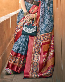 Collection of Grey Geometric Cotton Silk Fancy Saree in a gallery layout