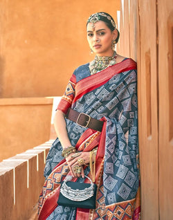 Collection of Grey Geometric Cotton Silk Fancy Saree in a gallery layout