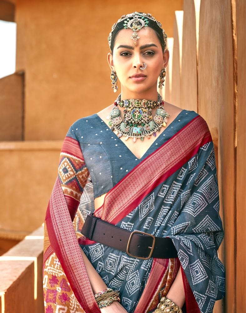 Collection of Grey Geometric Cotton Silk Fancy Saree in a gallery layout