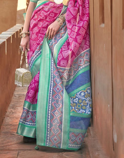 Collection of Geometric Print Pink Coloured Cotton Silk Saree in a gallery layout