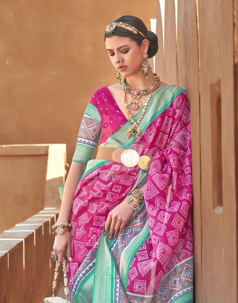 Collection of Geometric Print Pink Coloured Cotton Silk Saree in a gallery layout