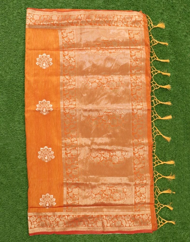 Orange Floral Pattern Jute Saree