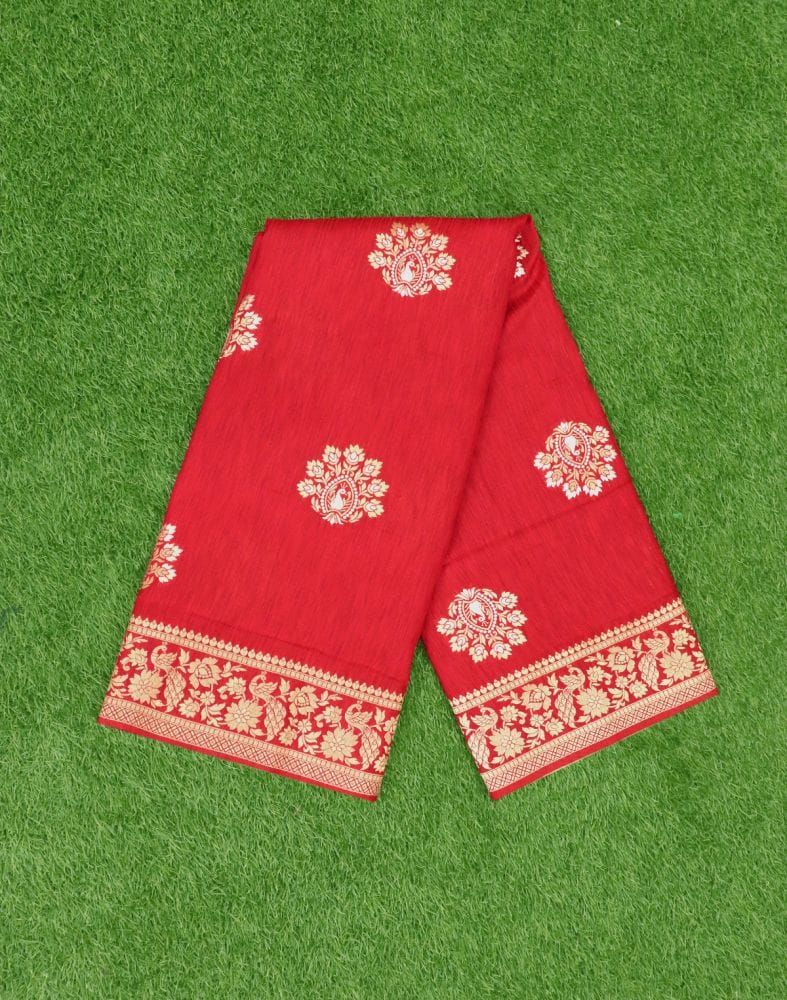 Red Floral Pattern Jute Saree