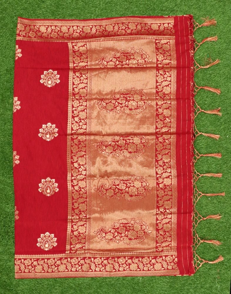 Red Floral Pattern Jute Saree