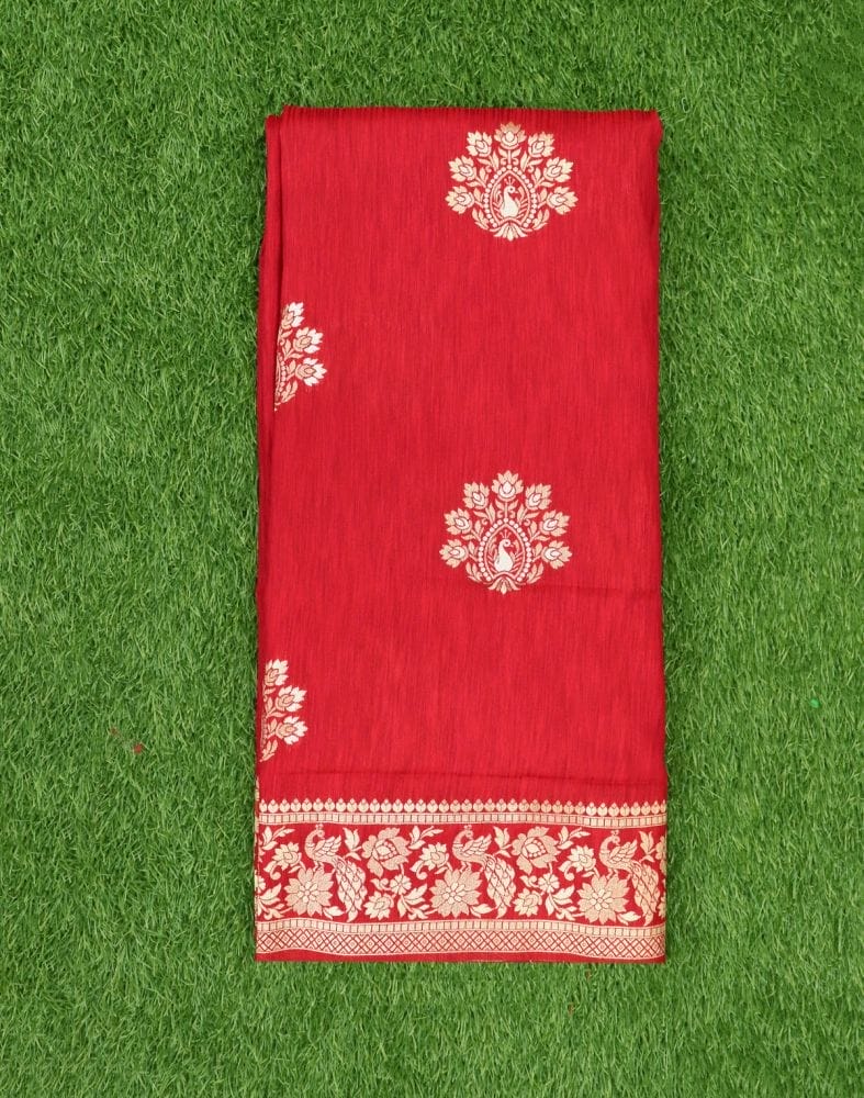 Red Floral Pattern Jute Saree