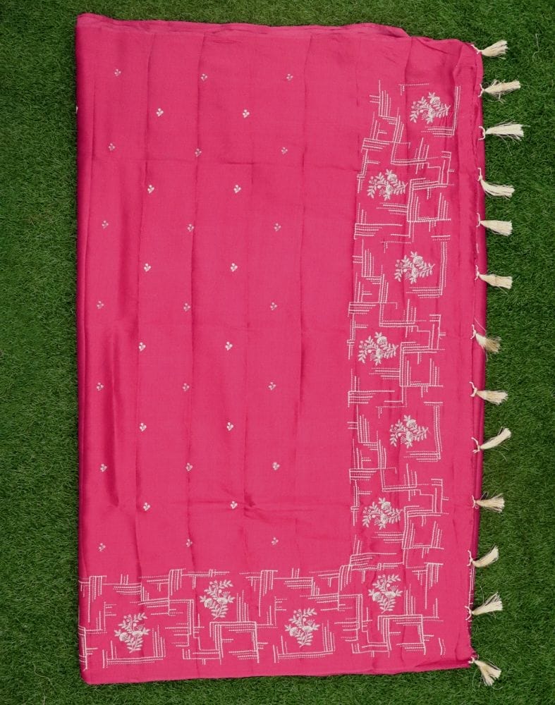 Pink Floral Embroidery work Raw Silk Saree