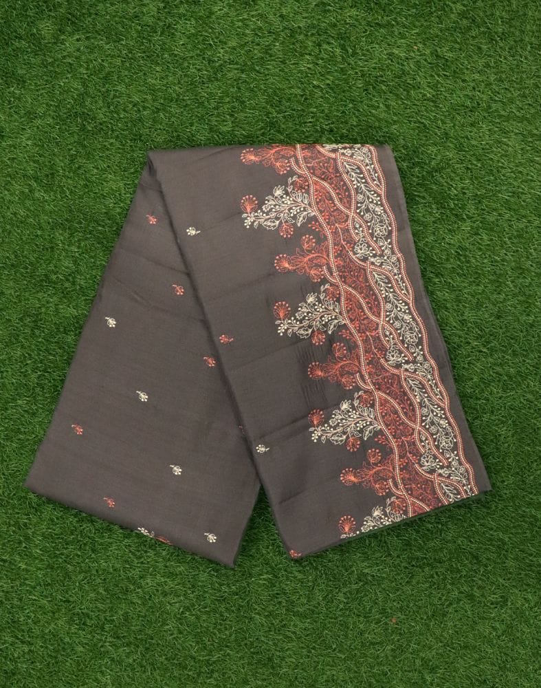 Collection of Grey Coloured Floral Embroidery work Raw Silk Saree in a gallery layout