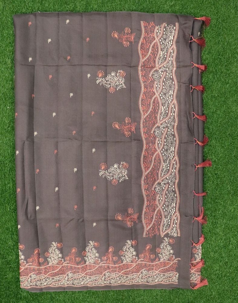 Collection of Grey Coloured Floral Embroidery work Raw Silk Saree in a gallery layout