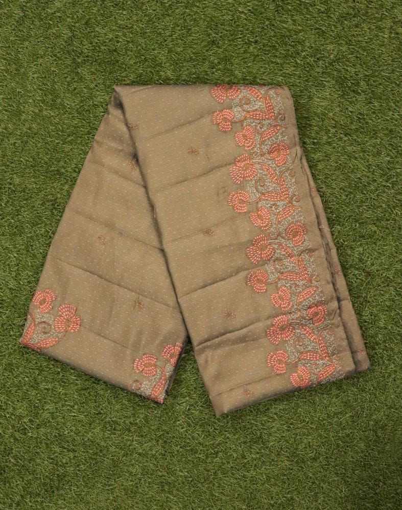 Brown Coloured Floral Embroidery work Raw Silk Saree