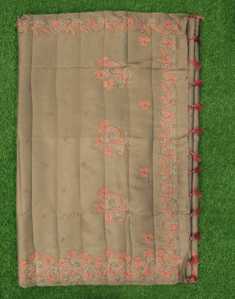 Brown Coloured Floral Embroidery work Raw Silk Saree