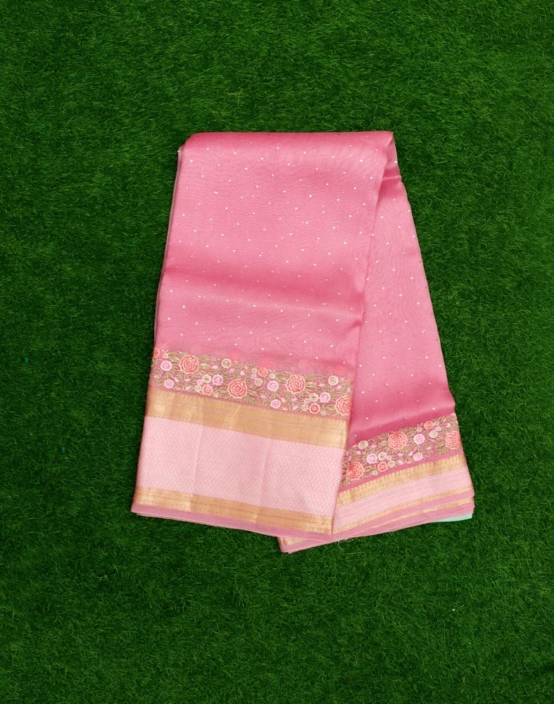 Pink Plain Embossed work Kora Saree