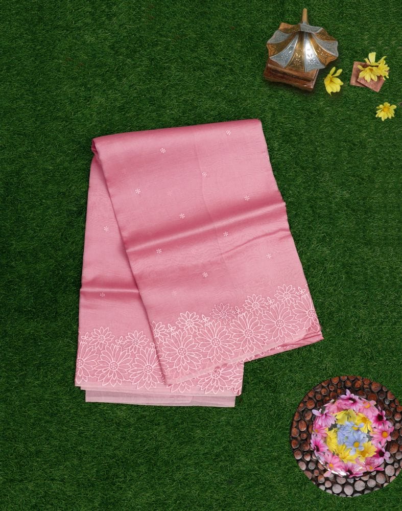 Peach Coloured Floral Embroidery work Kora Saree