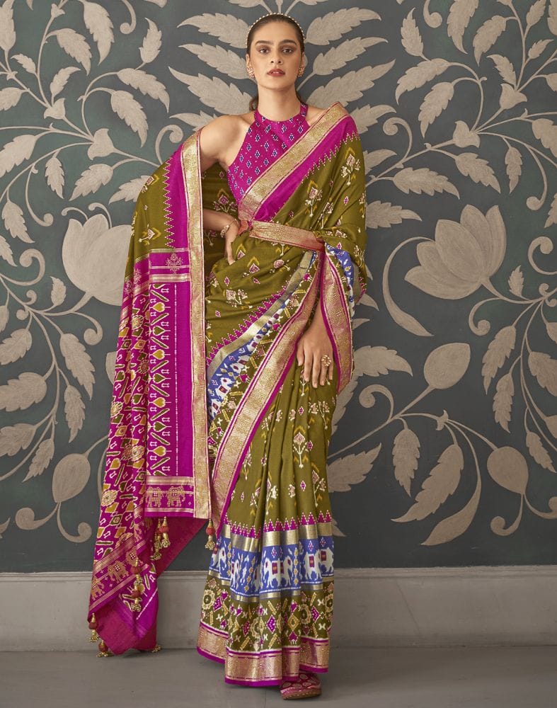 Collection of Light Mehendi Green Floral Print Patola Saree in a gallery layout