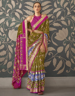 Collection of Light Mehendi Green Floral Print Patola Saree in a gallery layout