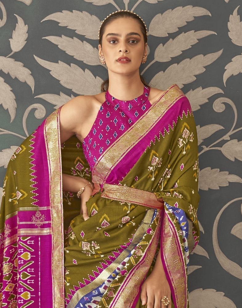 Collection of Light Mehendi Green Floral Print Patola Saree in a gallery layout