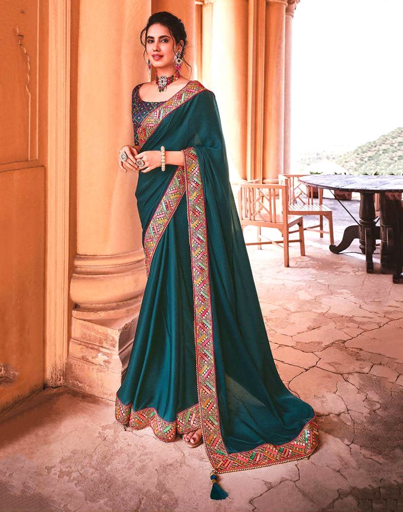 Collection of Designer teal blue colour satin saree in a gallery layout