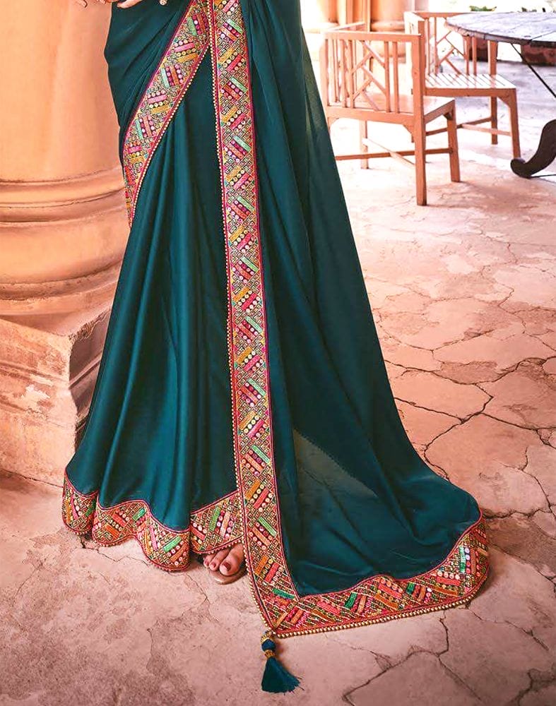 Designer teal blue colour satin saree