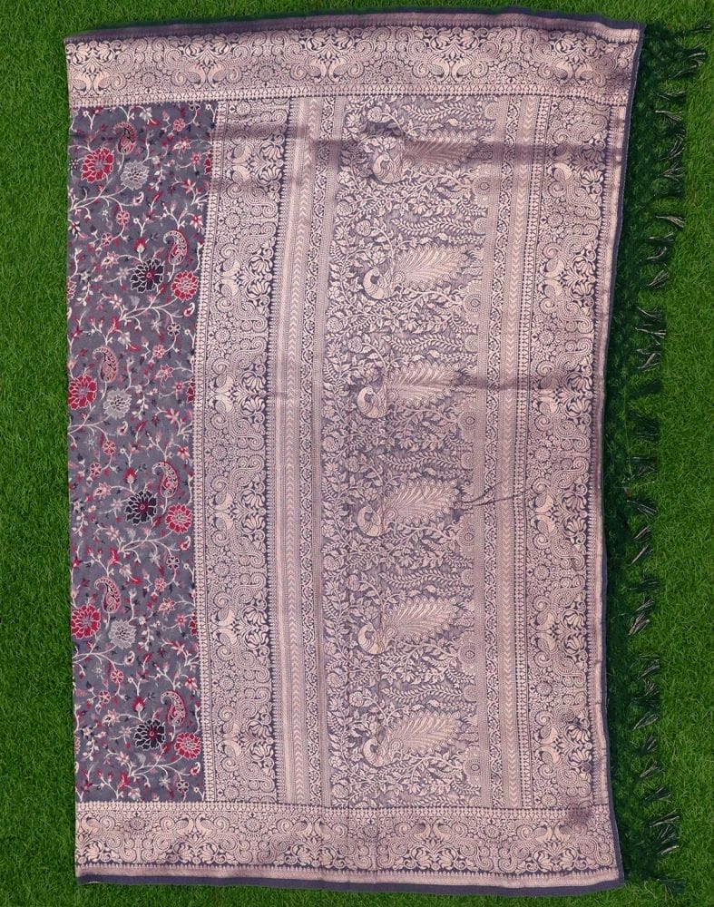 Dark Grey Paisley Banaras Jute Saree