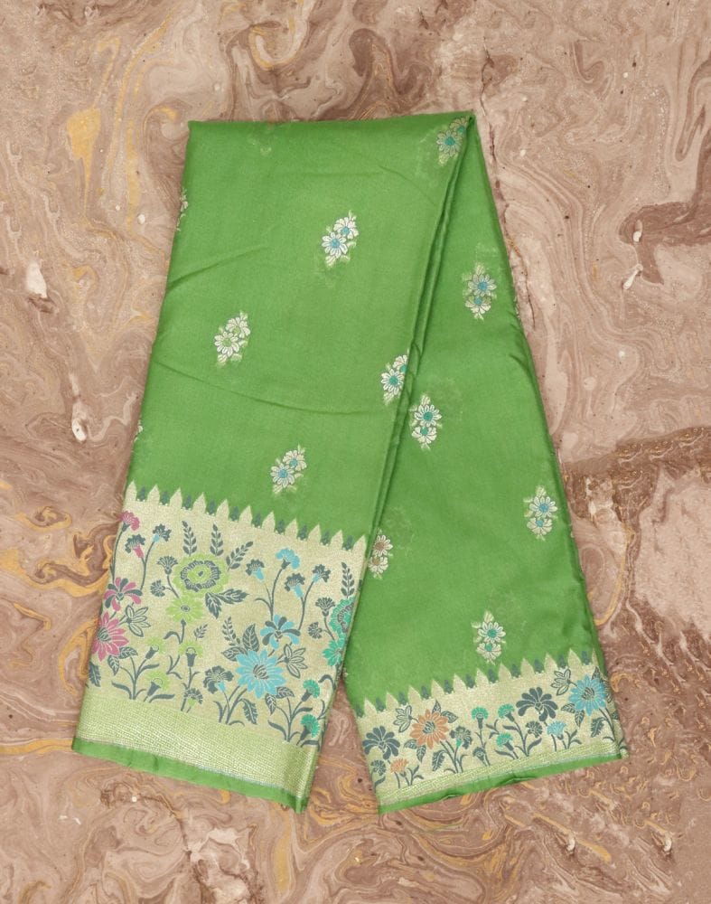 Collection of Pista Green Floral Weave Semi Georgette Saree in a gallery layout