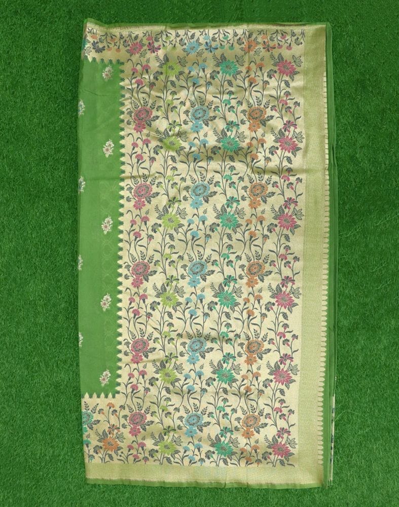 Collection of Pista Green Floral Weave Semi Georgette Saree in a gallery layout