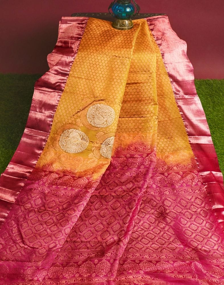 Collection of Mustard Butta Zari Silk Saree in a gallery layout