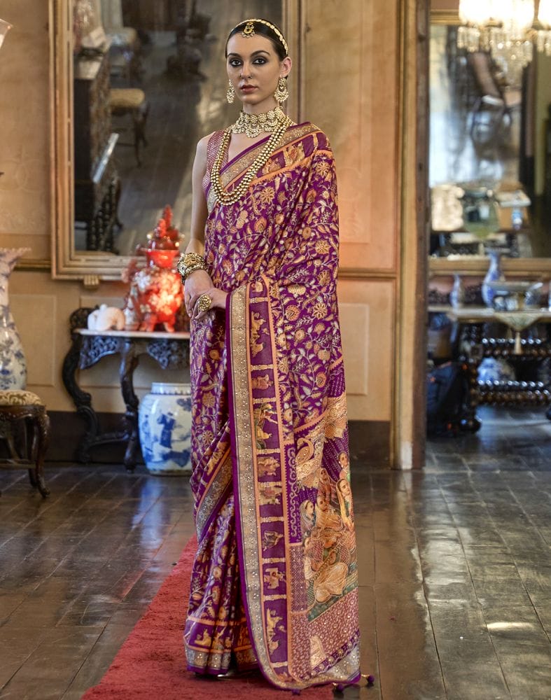 Collection of Magenta Coloured Floral Patola Mica Print Saree in a gallery layout