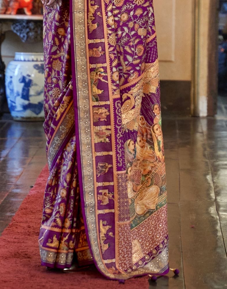 Collection of Magenta Coloured Floral Patola Mica Print Saree in a gallery layout