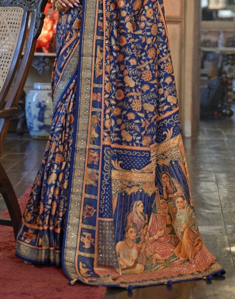 Royal Blue Floral Patola Mica Print Saree