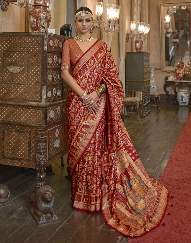 Adorable Maroon Floral Mica Print Patola Saree