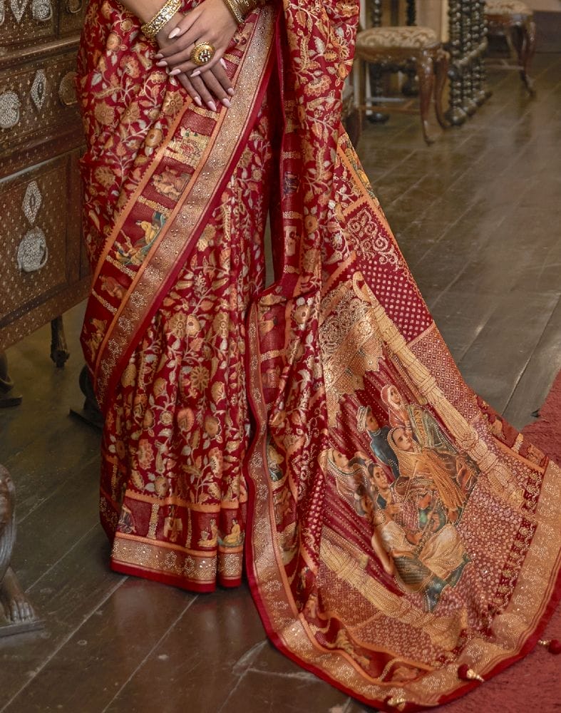 Adorable Maroon Floral Mica Print Patola Saree