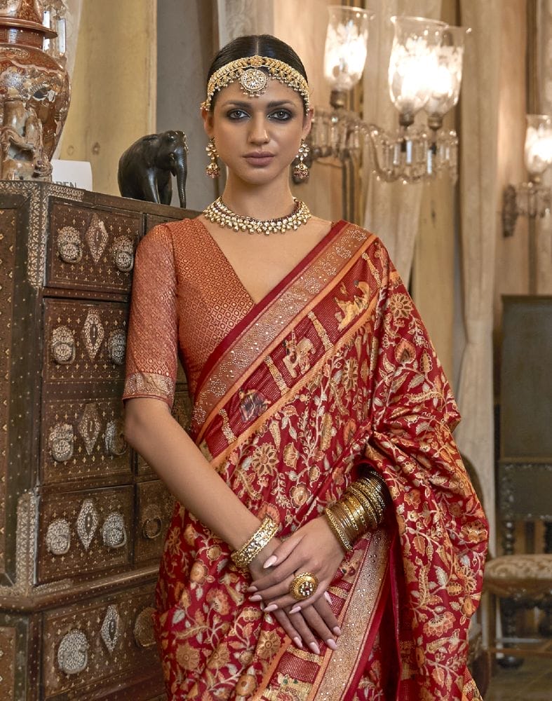 Collection of Adorable Maroon Floral Mica Print Patola Saree in a gallery layout