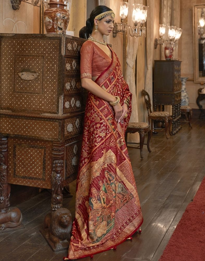 Adorable Maroon Floral Mica Print Patola Saree