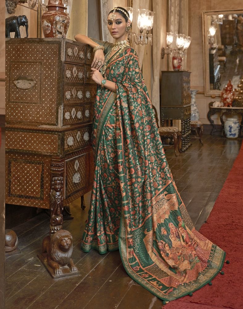 Glorious Green Coloured Floral Mica Print Patola Saree