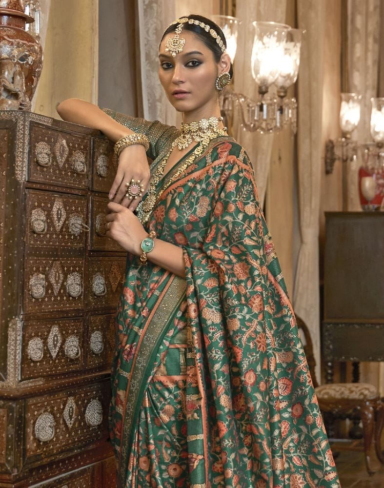 Glorious Green Coloured Floral Mica Print Patola Saree