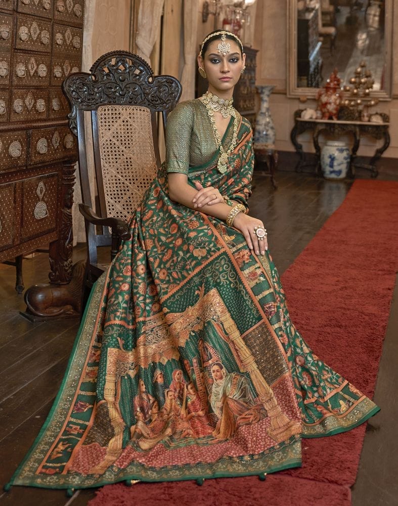 Collection of Glorious Green Coloured Floral Mica Print Patola Saree in a gallery layout