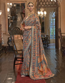 Collection of Beautiful Grey Floral Patola Mica Print Saree in a gallery layout