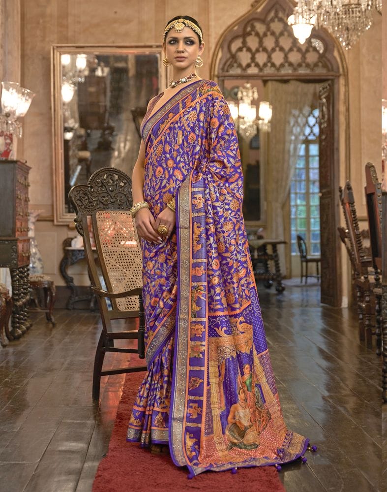 Collection of Stunning Purple Floral Mica Print Patola Saree in a gallery layout