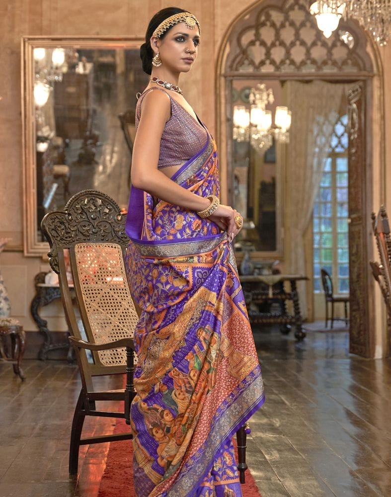 Collection of Stunning Purple Floral Mica Print Patola Saree in a gallery layout