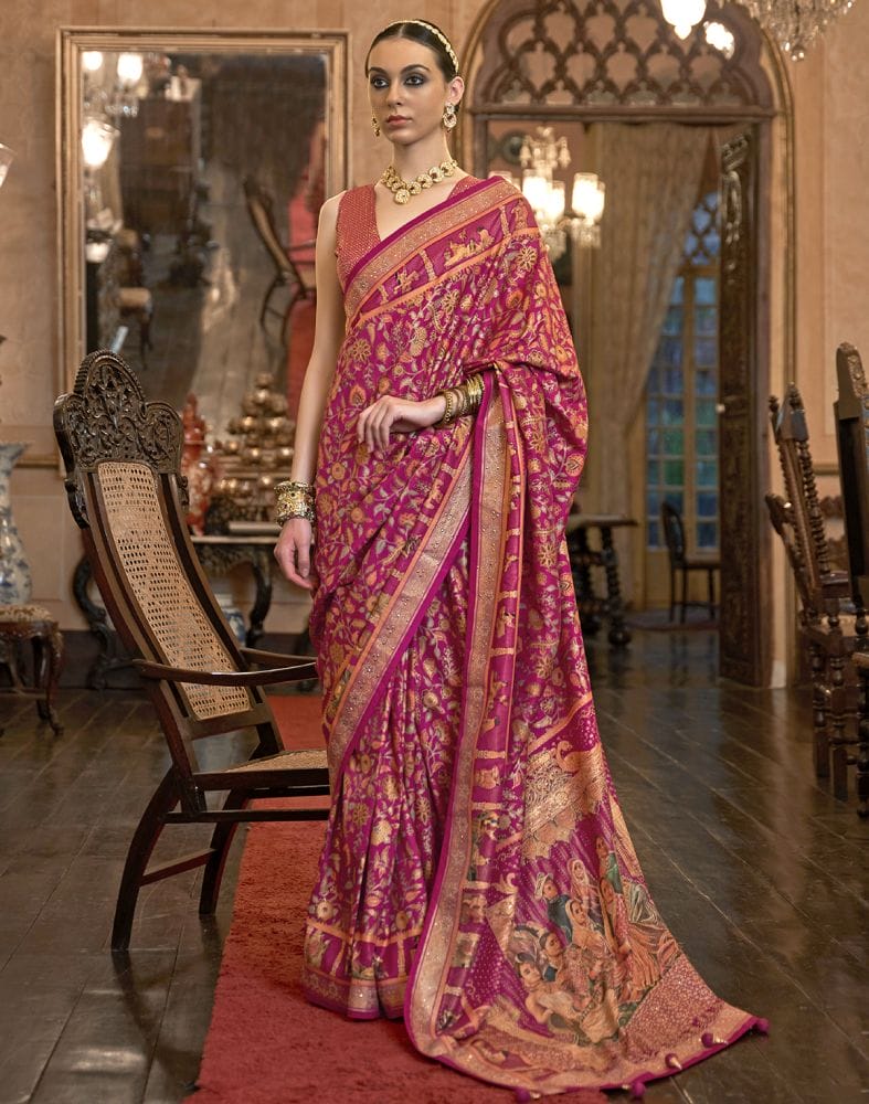 Collection of Glorious Pink Floral Pattern Patola Mica Print Saree in a gallery layout