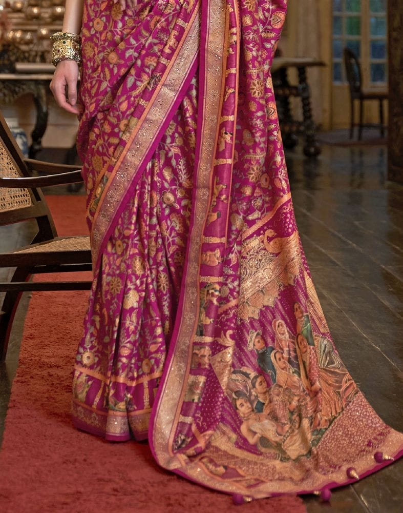 Glorious Pink Floral Pattern Patola Mica Print Saree